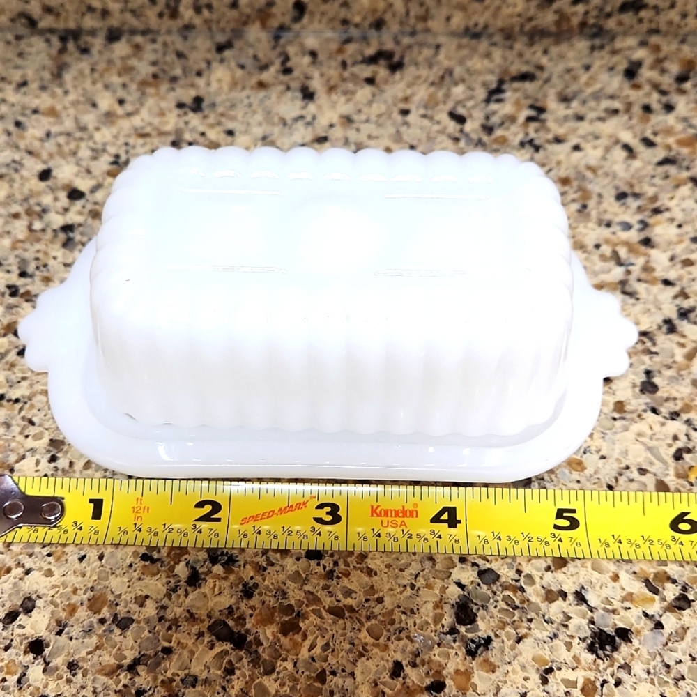 Vintage milk glass butter dish  half stick butter.  almost 6 inches